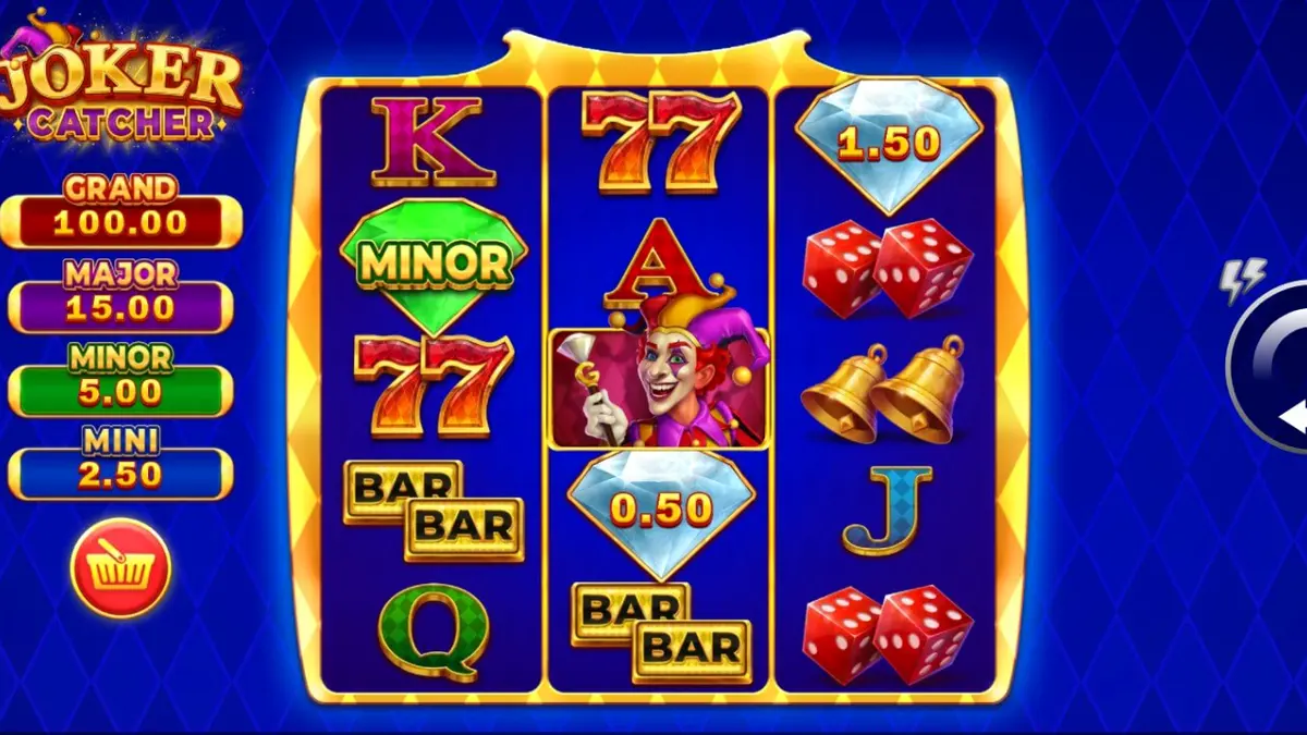 Tampilan antarmuka slot Joker Catcher dengan simbol klasik dan Joker di tengah